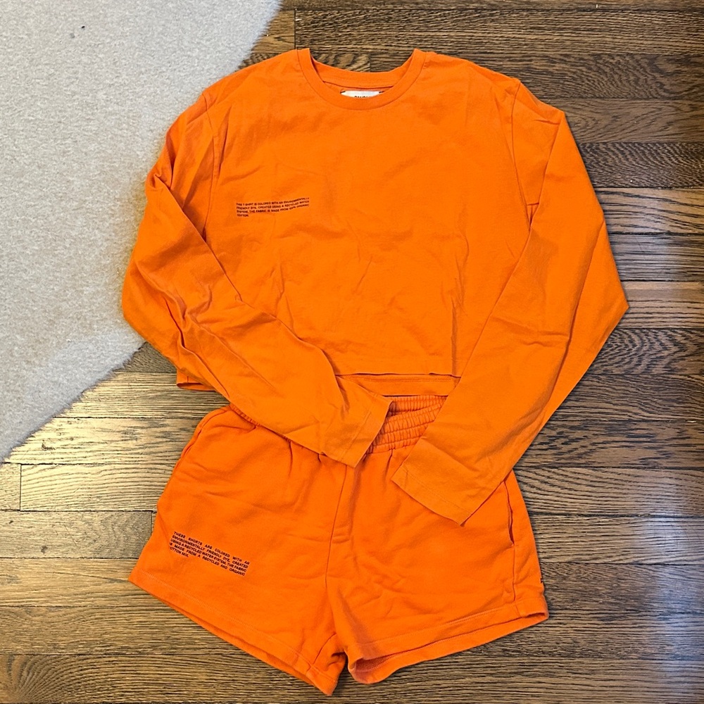Pangaia Orange Cropped Long Sleeve Top and Shorts Set